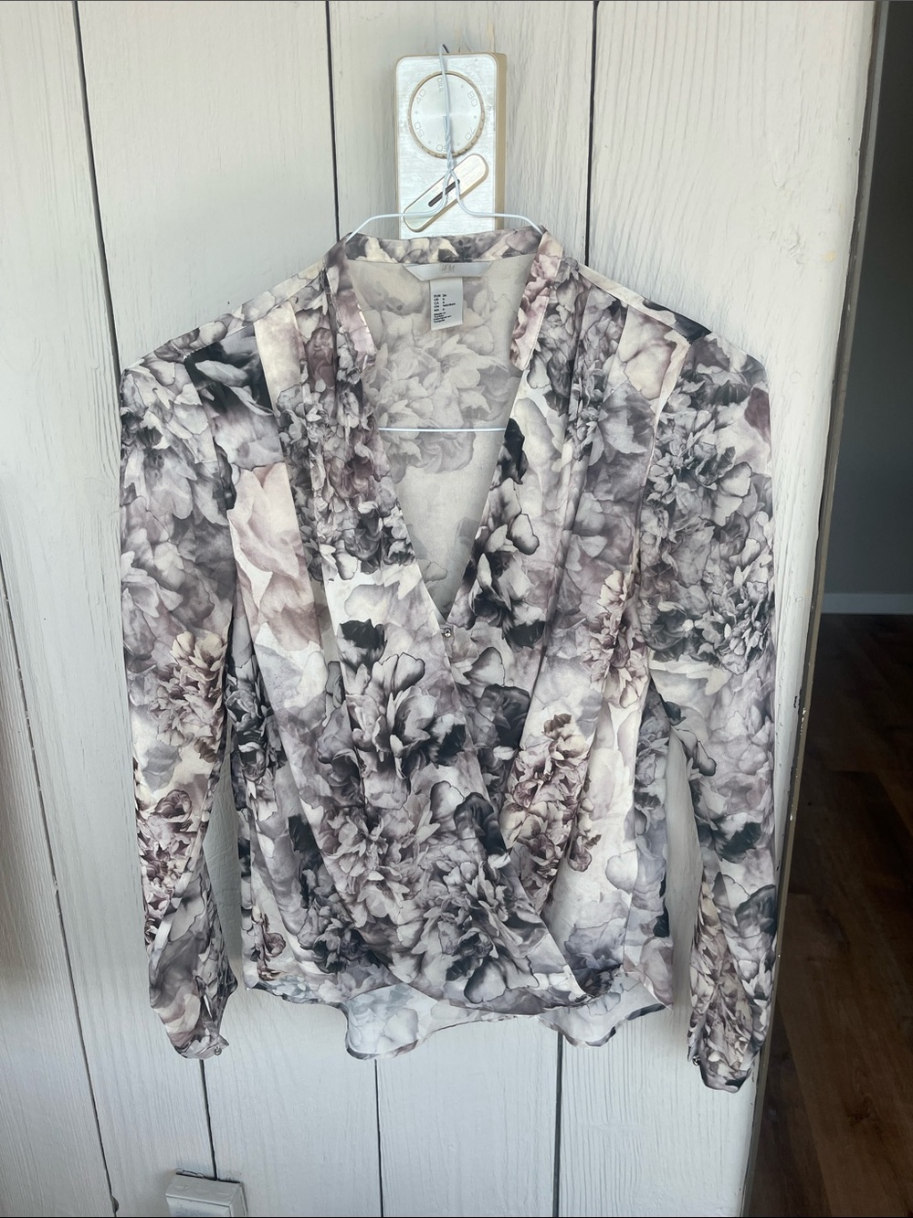 H&M Floral Wrap Blouse in Gray and Cream